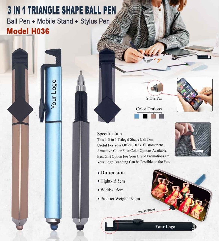 3 in 1 Triangle Ball Pen – Stylus + Stand | H036