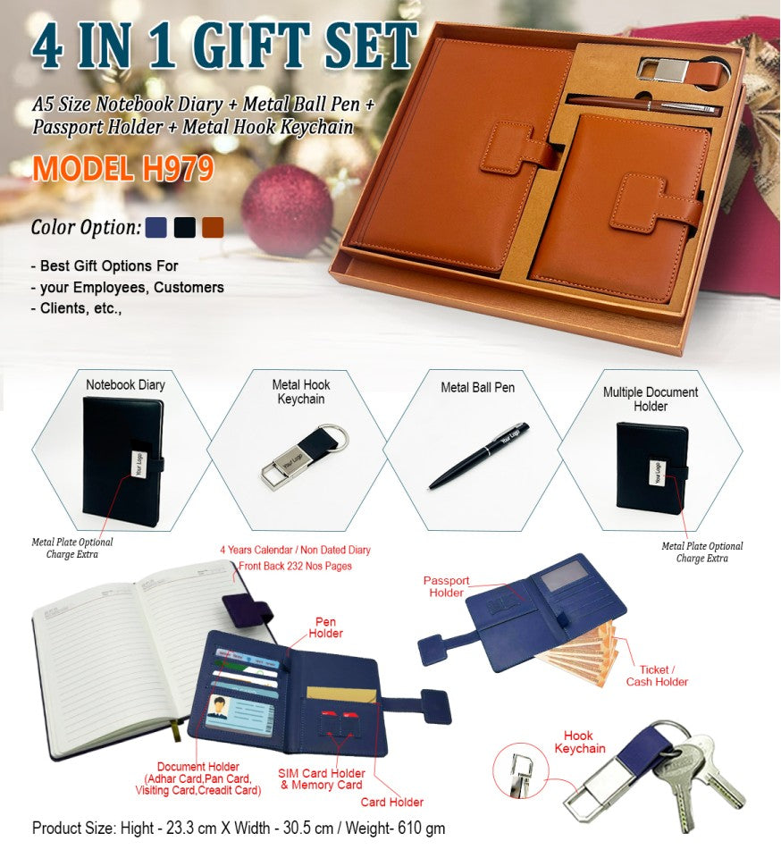 Premium 4 in 1 Gift Set – Passport Holder, Office Diary, Metal Ball Pen & Keychain