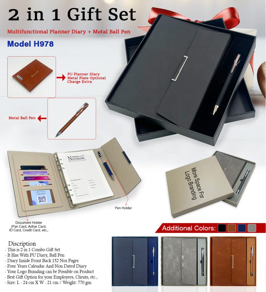 2 in 1 Gift Set - PU Leather Diary & Metal Ball Pen